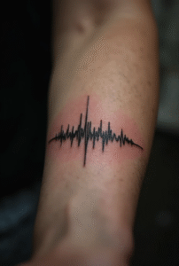 “Small frequency spike tattoo on a man’s outer wrist, featuring sharp thin black waveform lines for a modern minimal look.”