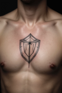 “Small minimalist shield outline tattoo on a man’s chest, featuring thin geometric lines symbolizing protection and resilience.”