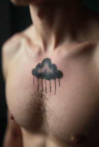 “Small storm cloud tattoo on a man’s chest, shaded softly in gray to represent resilience, hope, and overcoming challenges.”