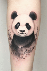 cute panda tattoo design symbolizing peace and positivity, simple black-and-gray shading for a soft calm look