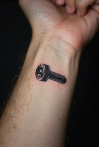 “Small bolt and nut tattoo on a man’s wrist, created with precise minimal black linework representing connection and teamwork.”