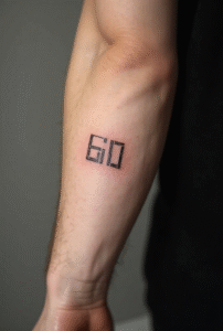 “Tiny digital number tattoo on a male outer forearm, created with clean digital-style black font representing time and punctuality.”