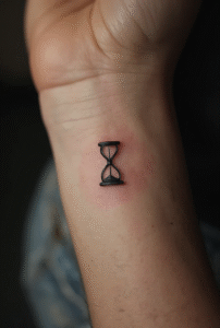 “Tiny sand timer tattoo on a male inner wrist, drawn with clean minimalist black lines symbolizing time and patience.”