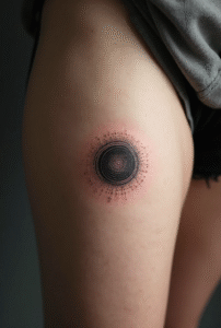 “Small spiral galaxy tattoo on a male thigh or ankle, designed with detailed dotwork to symbolize infinite possibilities.”