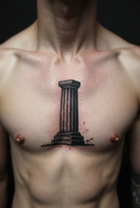 “Tiny stone pillar tattoo on a male chest, detailed with subtle dotwork to symbolize strength, stability, and endurance.”